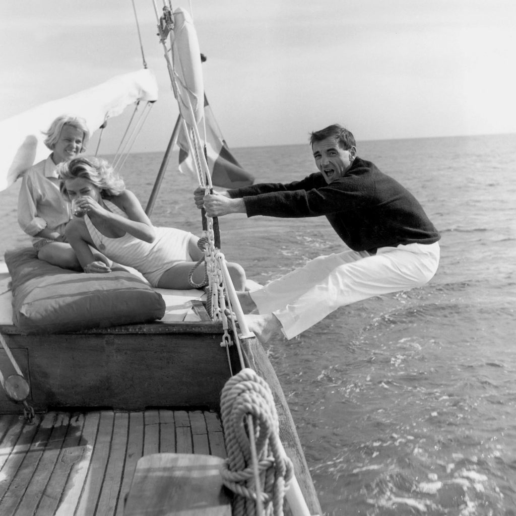 Charles Aznavour, Nicole Berger and Elga Andersen at Cannes Film Festival on May 8, 1959 by Bridgeman Images on GIANT ART - black and white photogrpahy