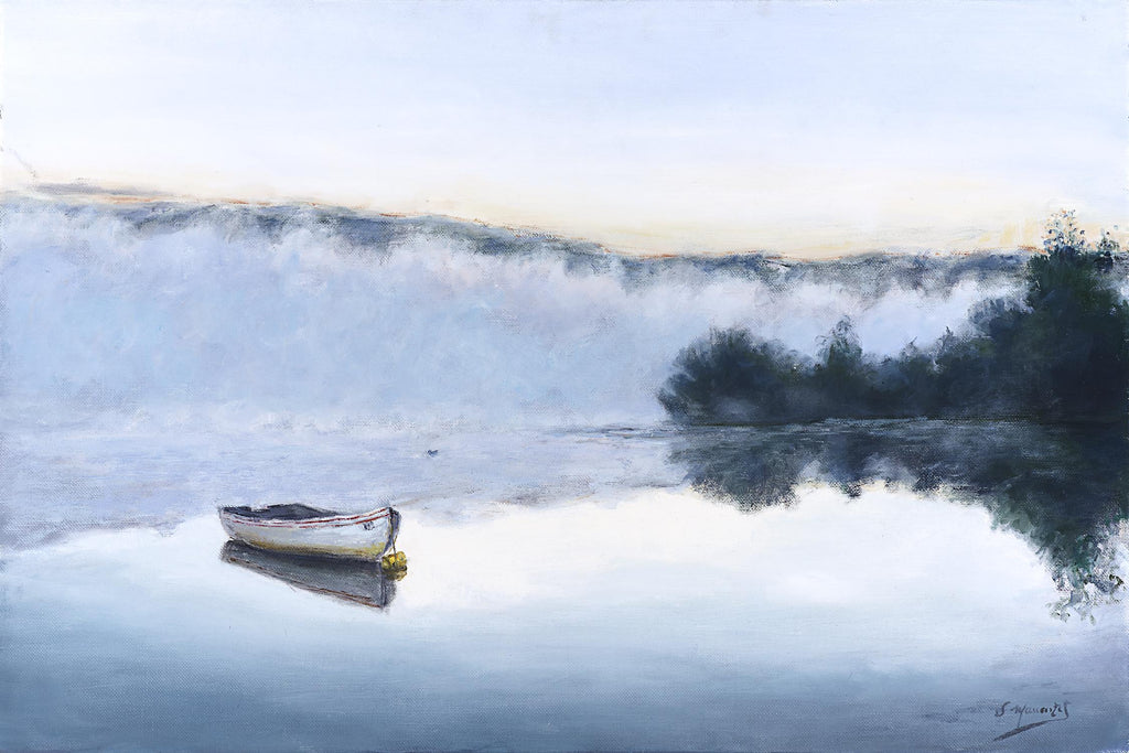 Brume sur le lac d'argent par Jocelyne Maucotel sur GIANT ART - scène de mer bleue