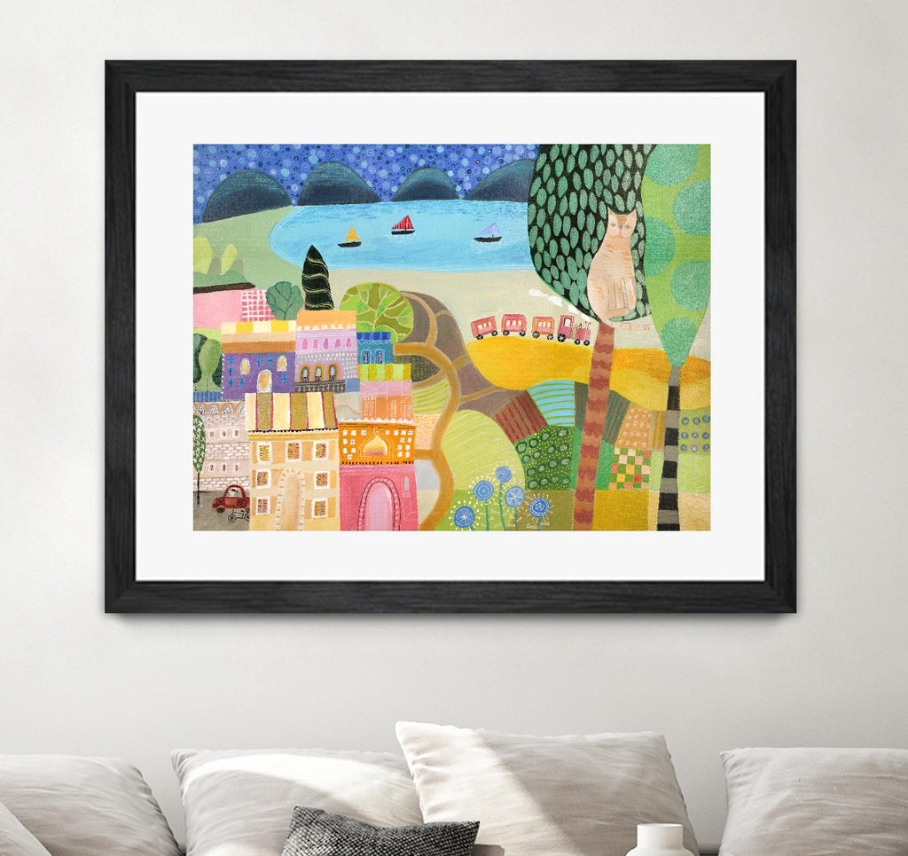 Village with Train by Nathaniel Mather on GIANT ART - green illustration maison