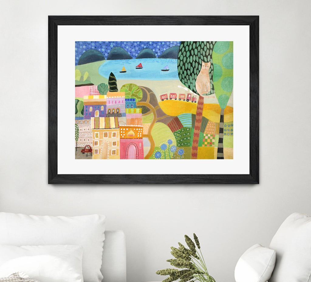 Village with Train by Nathaniel Mather on GIANT ART - green illustration maison