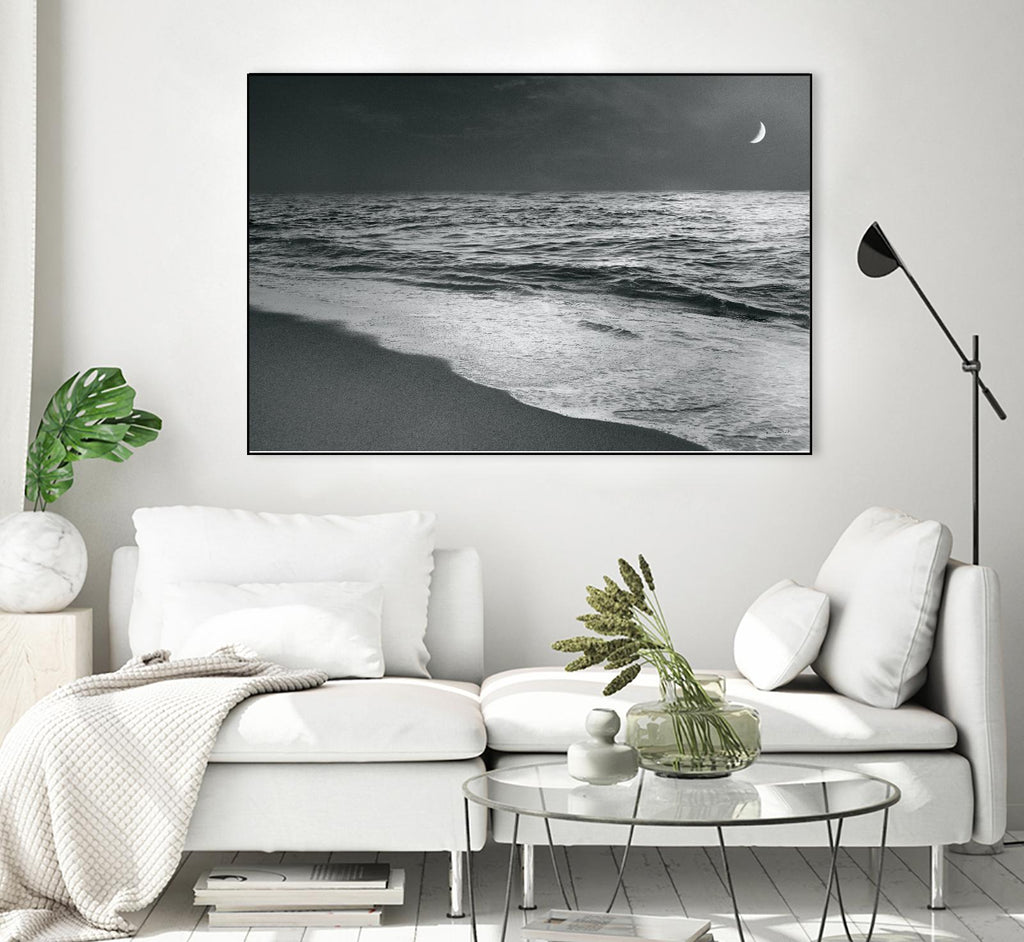 Plage au lever de lune en noir et blanc par Sue Schlabach sur GIANT ART - scène de mer blanche