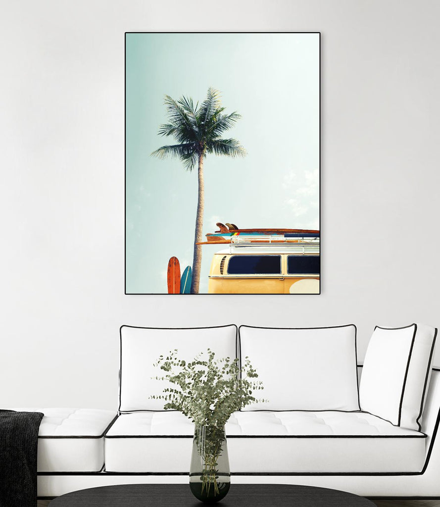 Surf Bus Yellow by Design Fabrikken on GIANT ART - multi coastal, landscapes, photography, beaches, cars, palm trees, surfing, tropical, transportation