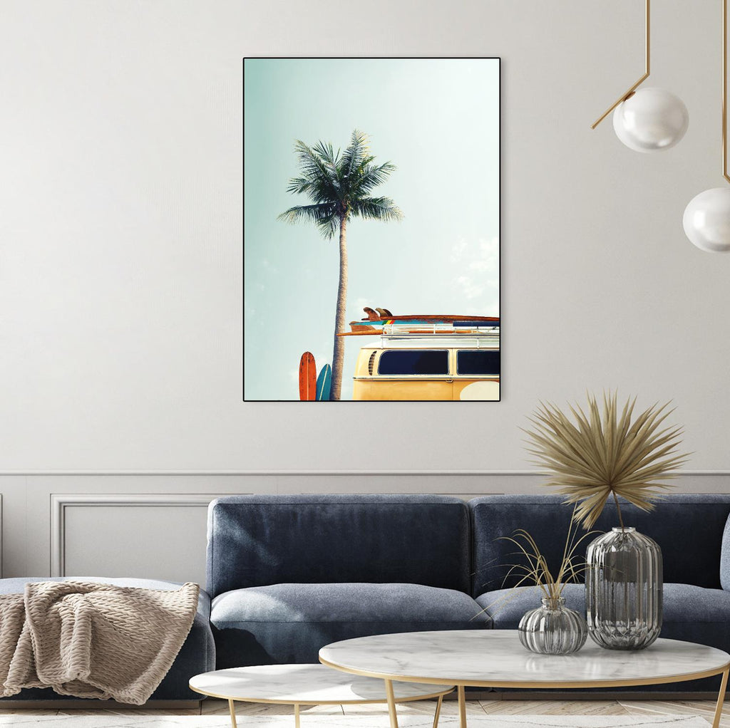 Surf Bus Yellow by Design Fabrikken on GIANT ART - multi coastal, landscapes, photography, beaches, cars, palm trees, surfing, tropical, transportation