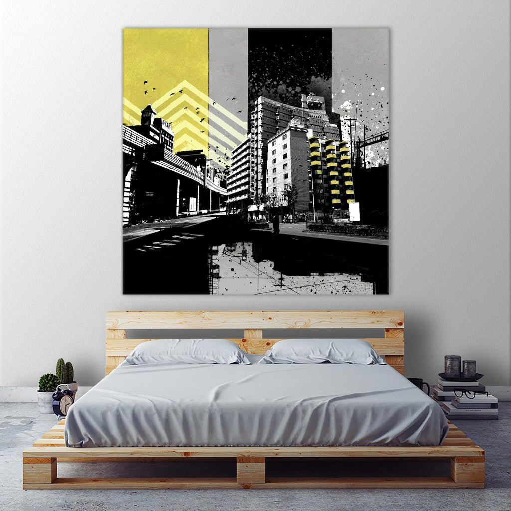 Triptych II de Elisabeth Brizzi sur GIANT ART - scène de ville jaune